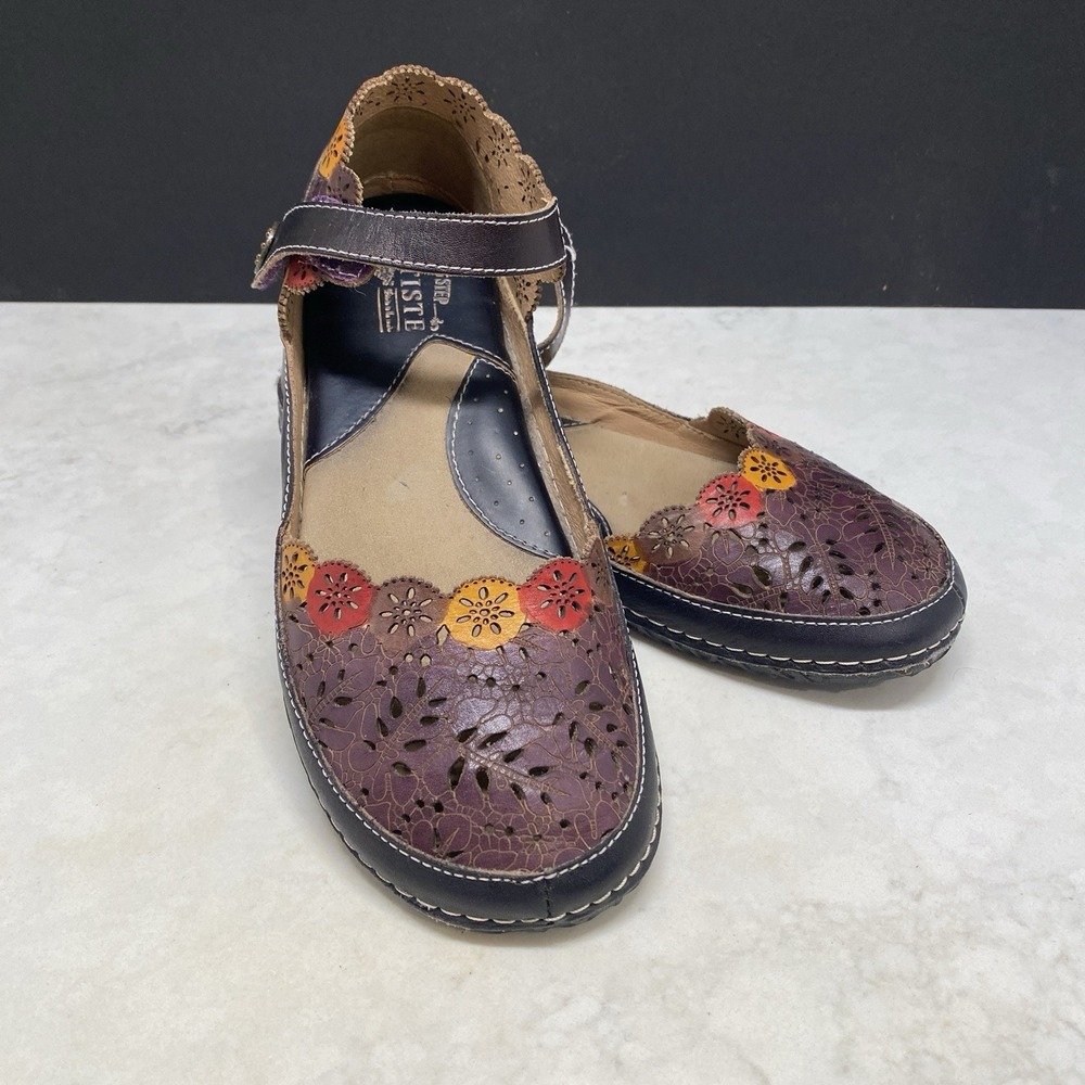 L'Artiste Spring Step Leather Floral Mary Jane Flats Brown Boho 8.5 US 39 Shoes